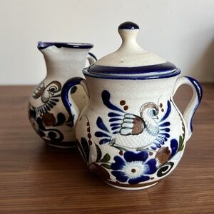 Vintage Mexican Tonala Pottery Set Lidded Jar and Small Creamer, Blue and Brown